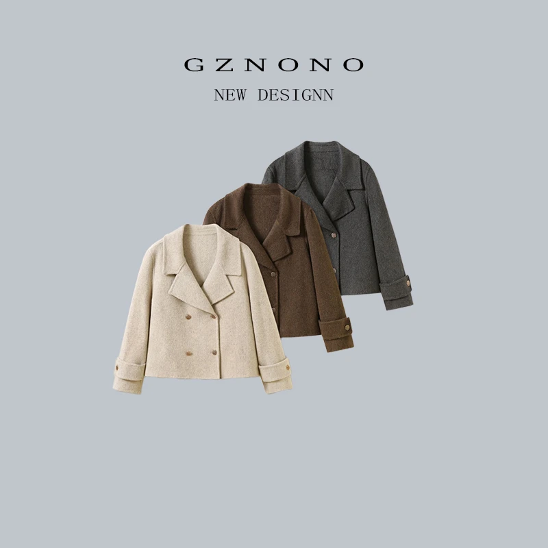 GZNONO【冬日诗集】新款翻领百搭双排扣短款气质双面呢羊毛大衣