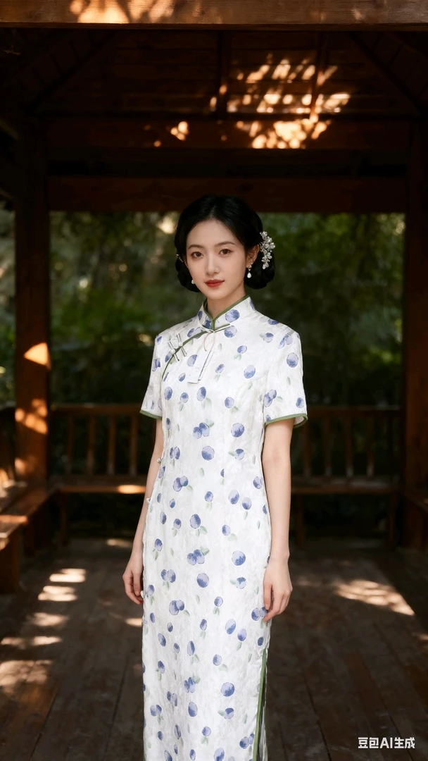 双层修身印花日常少女夏季中国风旗袍碎花复古风短袖