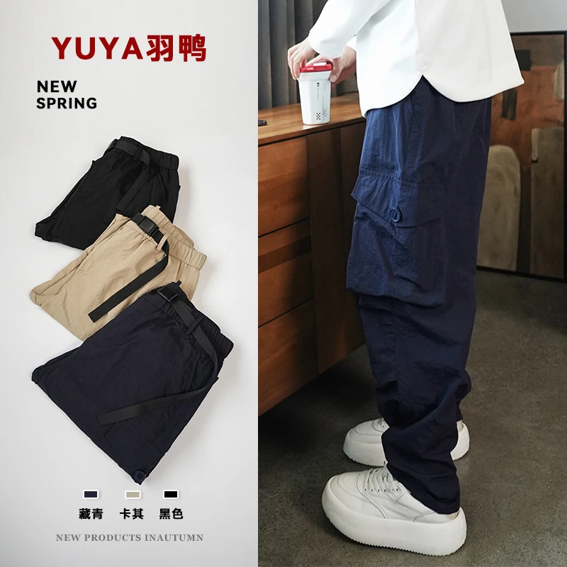 春季多口袋工装裤男潮牌宽松伞兵裤子直筒腰带百搭直筒休闲长裤子