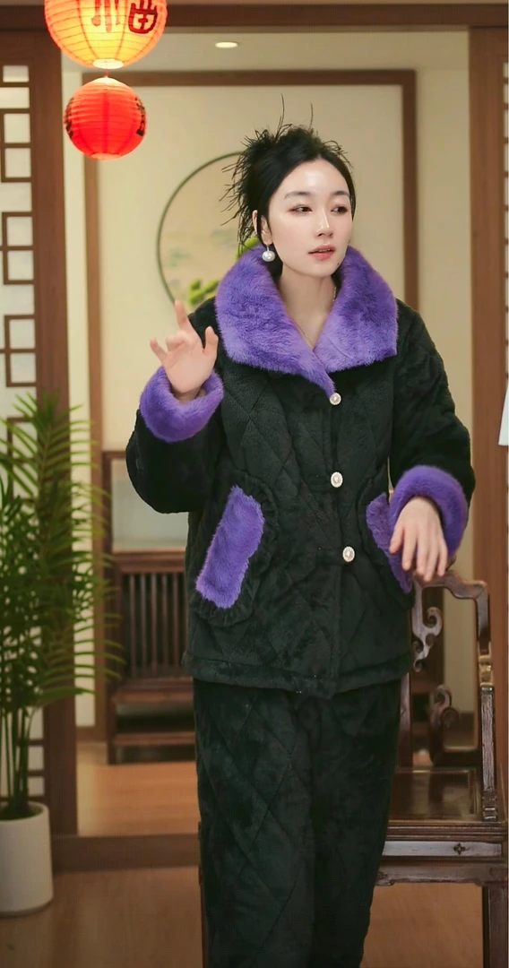 厚款冬季保暖夹棉加绒加厚睡衣家居服套装