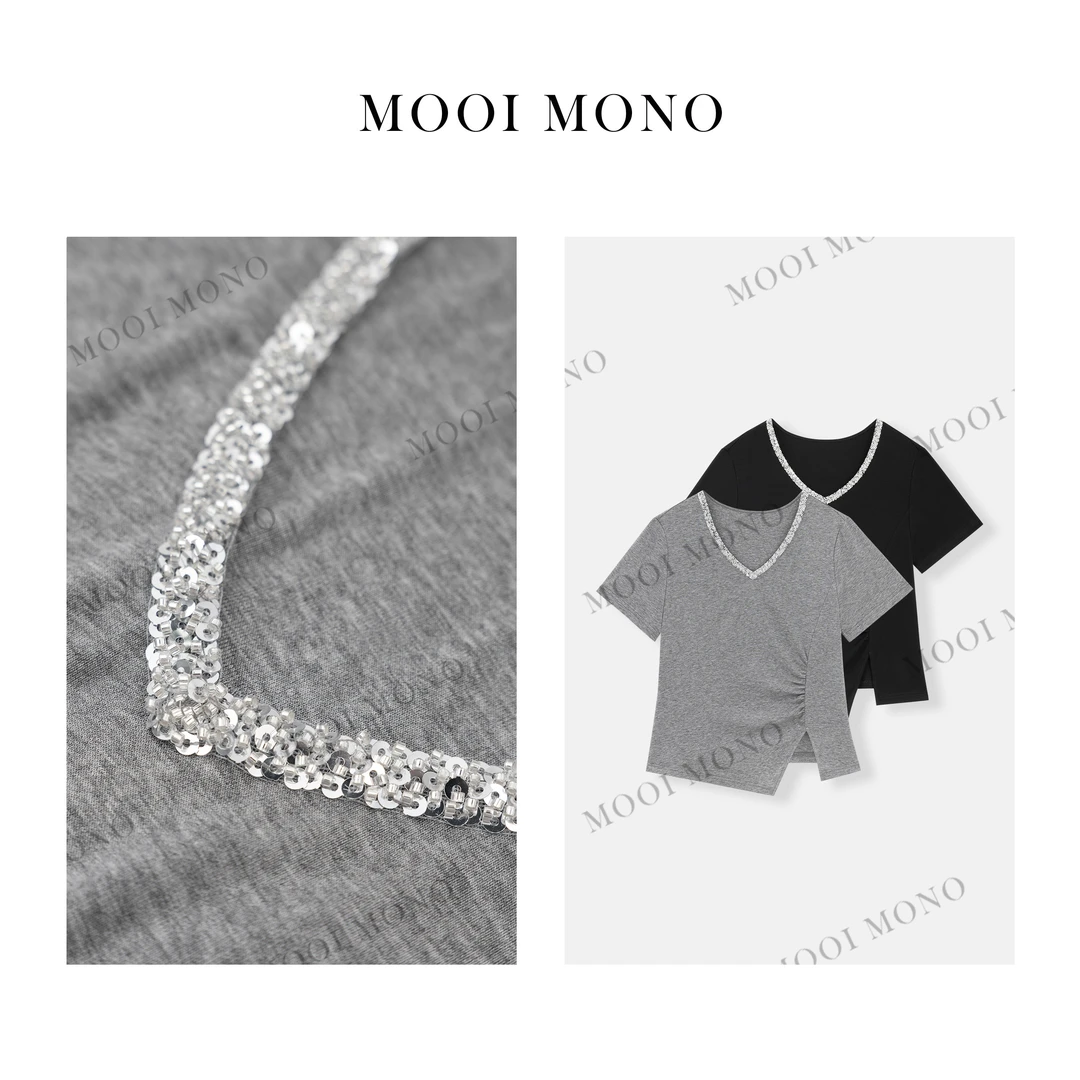 MOOI MONO“浮光漫影”显瘦气质百搭抽皱亮片V领短袖T恤 T747H52