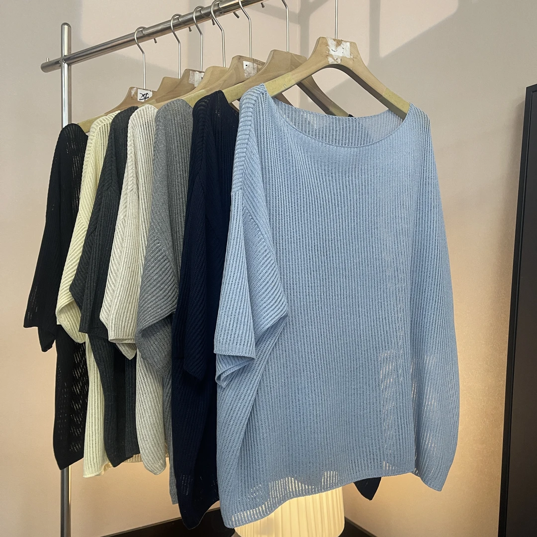 2025新款超薄慵懒风针织衫宽松中袖一字领套头气质上衣