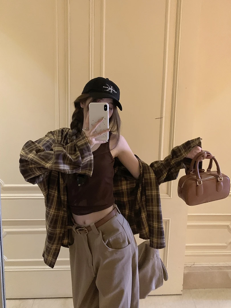 美式复古长袖格子防晒衬衫外套女春秋宽松bf慵懒风百搭休闲衬衣女