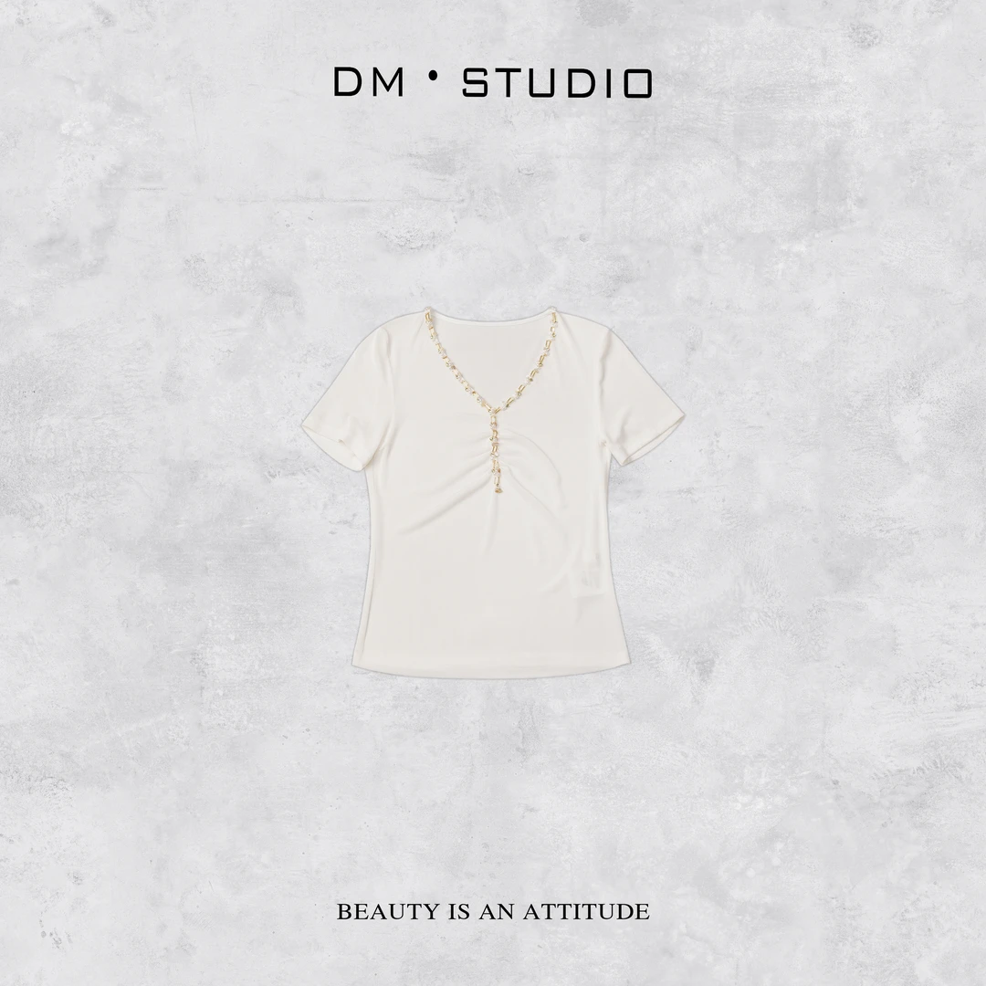 -DM•STUDIO/百搭精致显瘦串珠V领收褶醋酸短袖上衣T恤（8360）