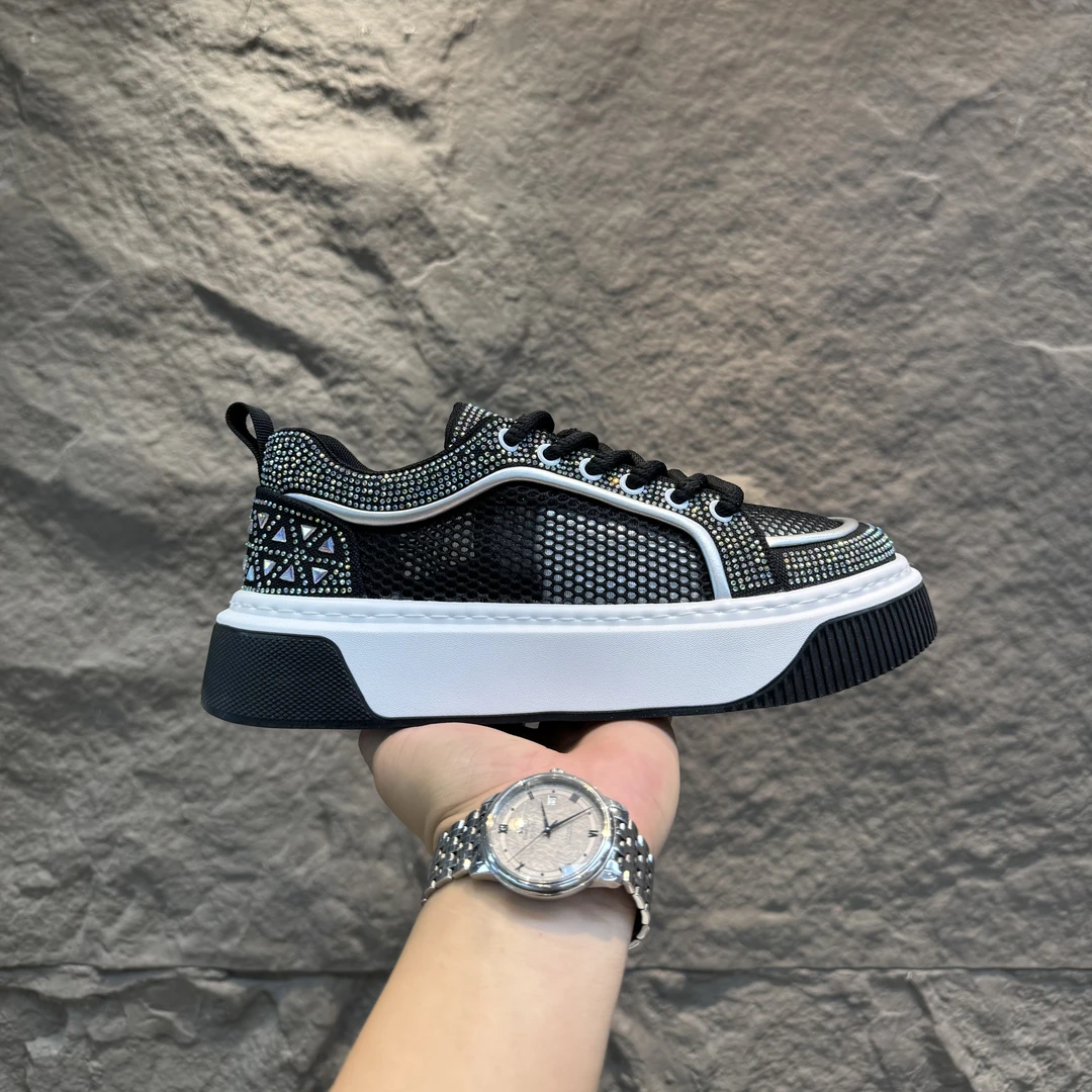 手工水钻男鞋2025夏季新款透气单层网面内增高厚底百搭舒适休闲鞋