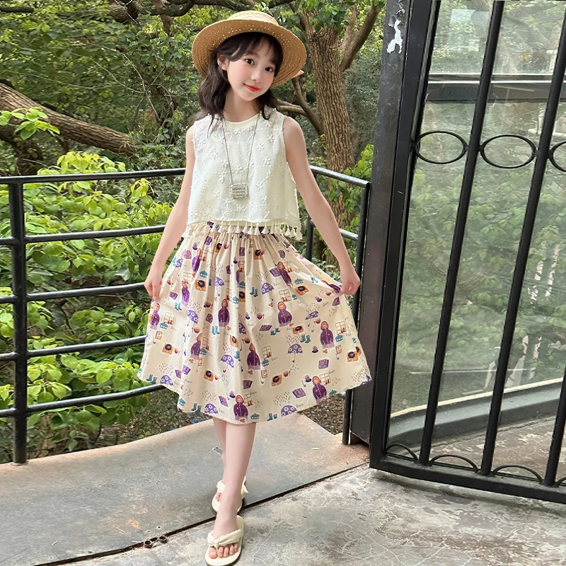 女童镂空背心休闲套装2025新款中大童韩版夏季女孩甜美无袖三件套