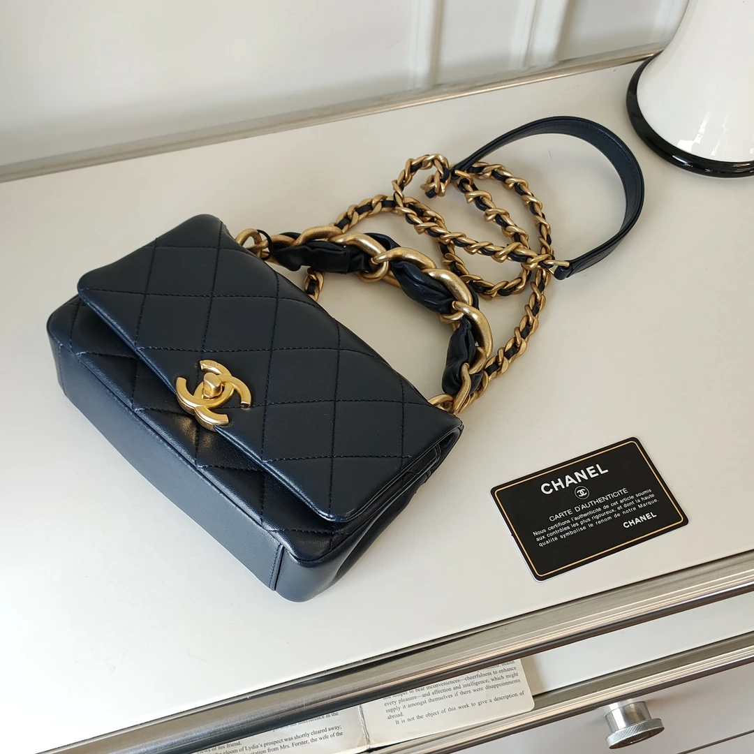 95新 Chanel/香奈儿 21P深海蓝金扣粗链条大mini手提斜挎包43311