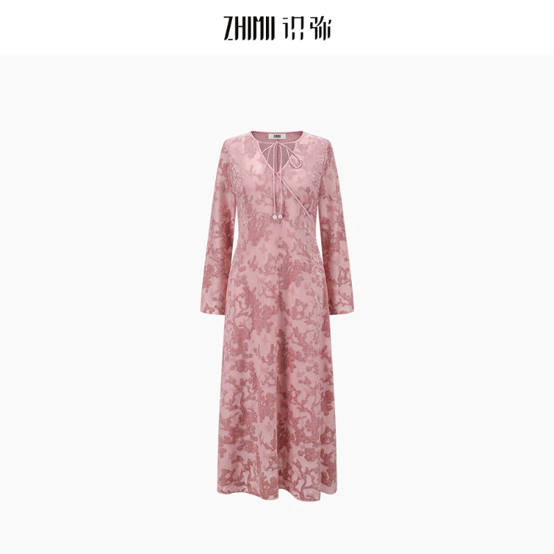 *【ZHIMII】25春夏菡萏粉植绒亮丝喜上眉梢V领开衩连衣裙*含吊带裙