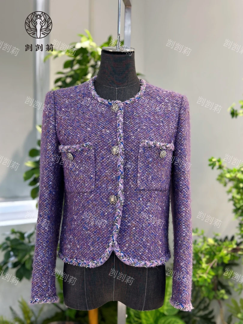 剀剀莉秋季（薰衣草）紫色圆领手工花边精致气质显瘦外套 0-20度