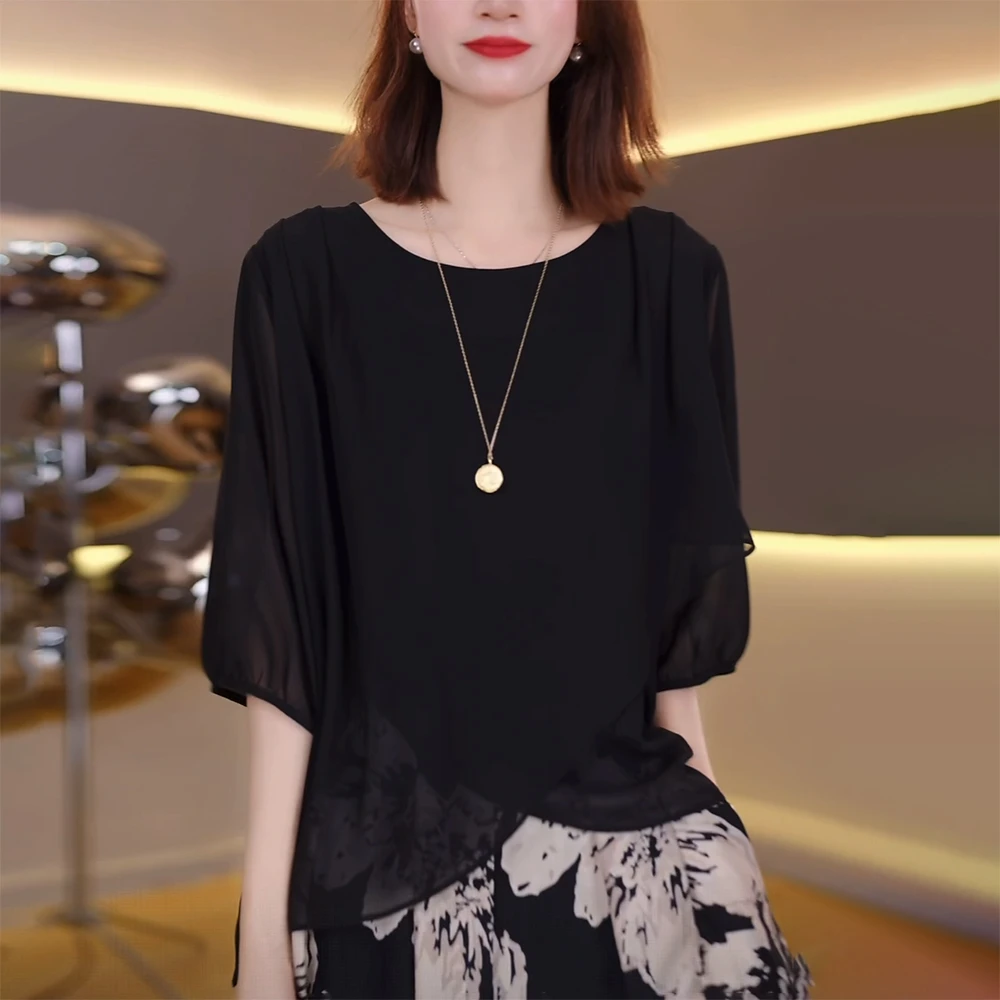 2025夏季新款女黑色短袖雪纺T恤宽松时尚不规则洋气减龄高端上衣