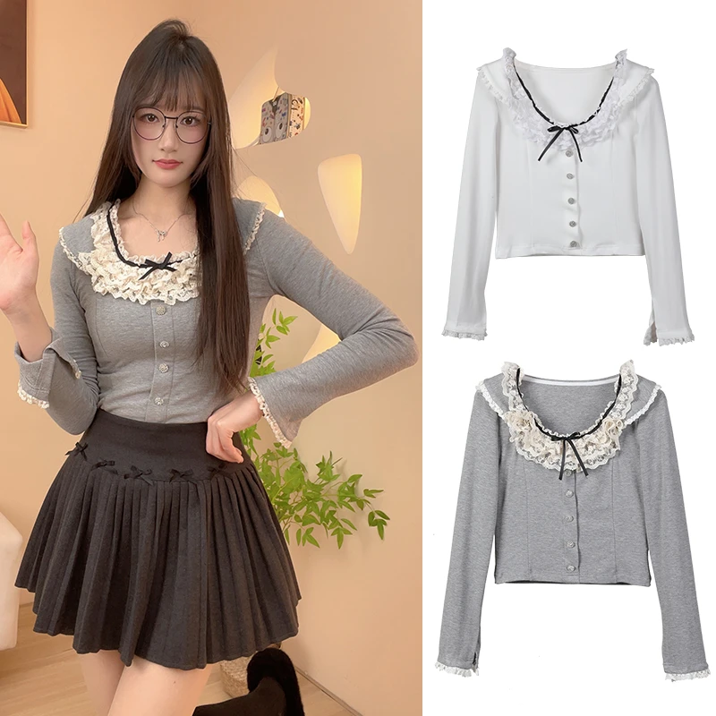 甜美花边蝴蝶结T恤女2025新款蕾丝长袖拼接修身打底纯欲短款内搭