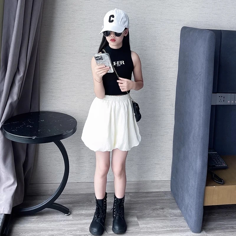 女童黑色背心短裤外穿洋气2025夏装网红女孩无袖上衣儿童吊带跳舞