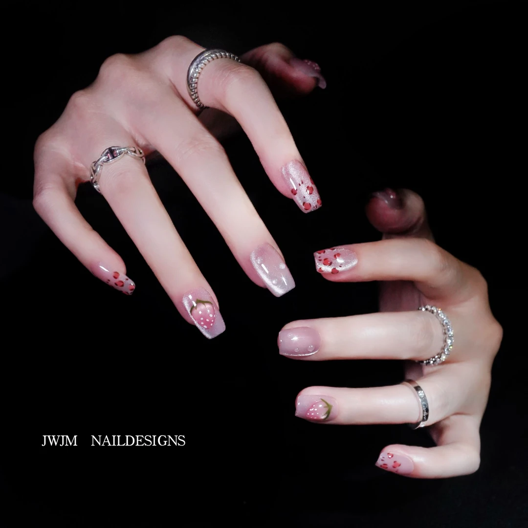 【LAILAI281号 】JWJM设计手工穿戴甲豹纹猫眼草莓裸粉显手白10片款