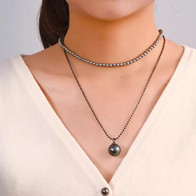铜仿珍珠吊坠 珍珠简约女气质时尚款拼接项链小众方块锁骨链27
