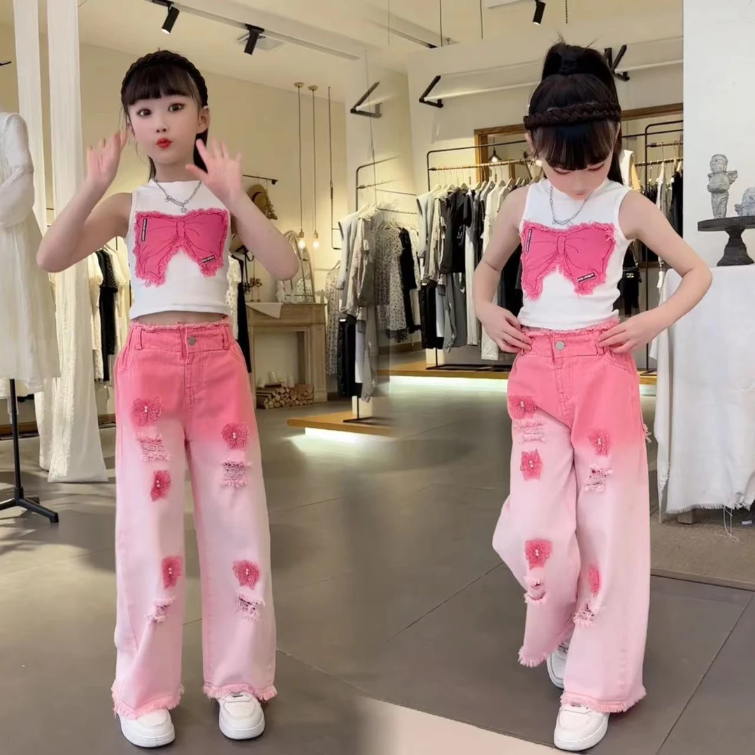 2025夏季新款女童重工钉珠蝴蝶渐变设计宽松高腰阔腿破洞裤潮套装