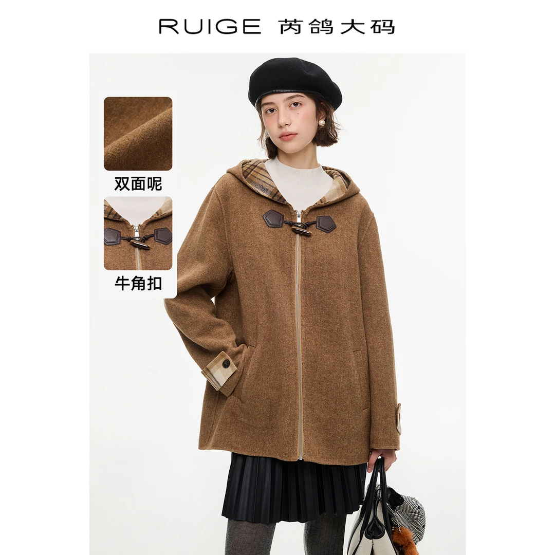 芮鸽微胖定制【棕绒格韵】羊毛外套连帽双面呢宽松微胖mm上衣0273YY