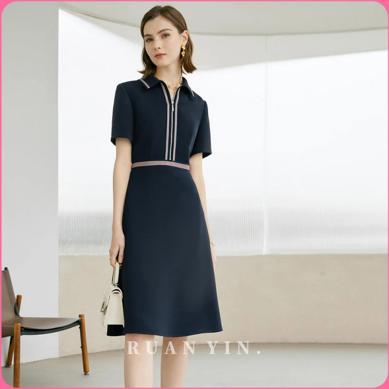 阮音通勤短袖拉链连衣裙衬衫裙中长裙女2025年夏季新款收腰显瘦