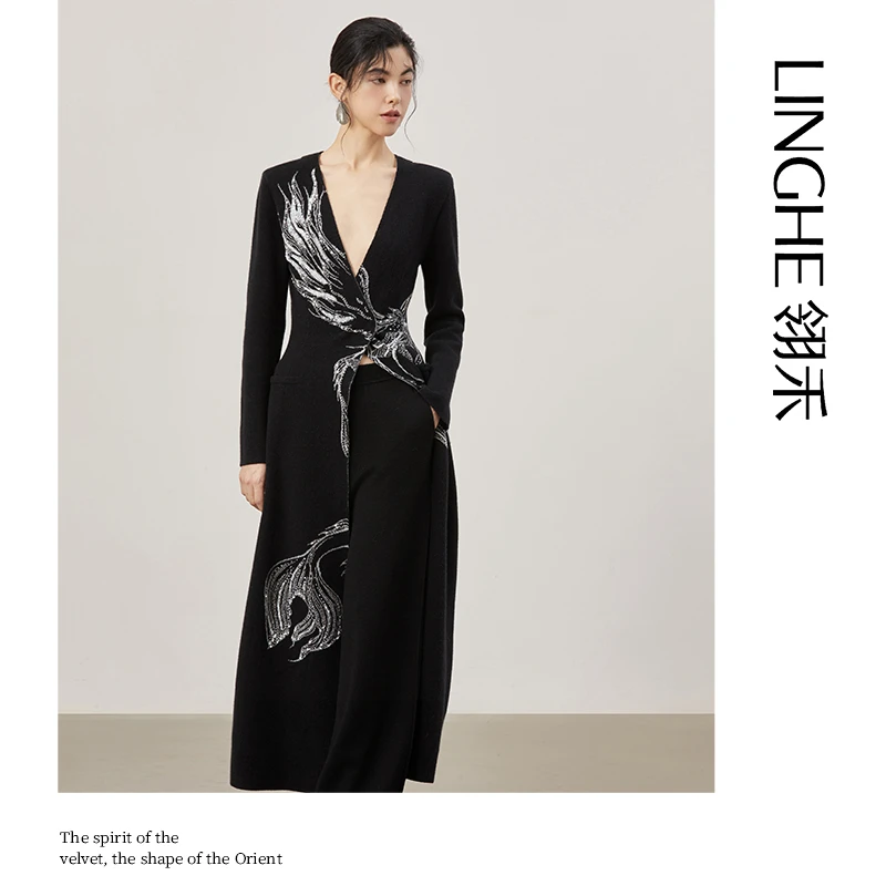 翎禾LINGHE-「鲲鹏」羊绒疆绣重工刺绣钉珠复古中式长袖长款外套