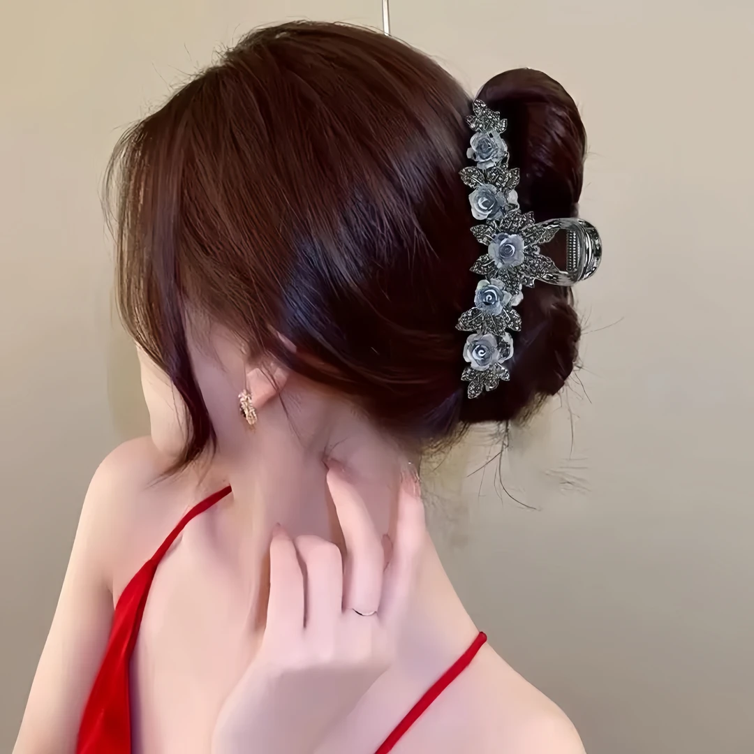 新款轻奢玫瑰花大号抓夹气质女后脑勺发夹高级感盘发鲨鱼夹子头饰