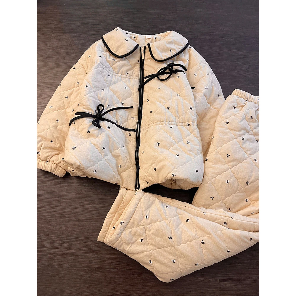 少女甜美蝴蝶结夹棉睡衣女冬季新款加厚棉服可外穿保暖家居服套装