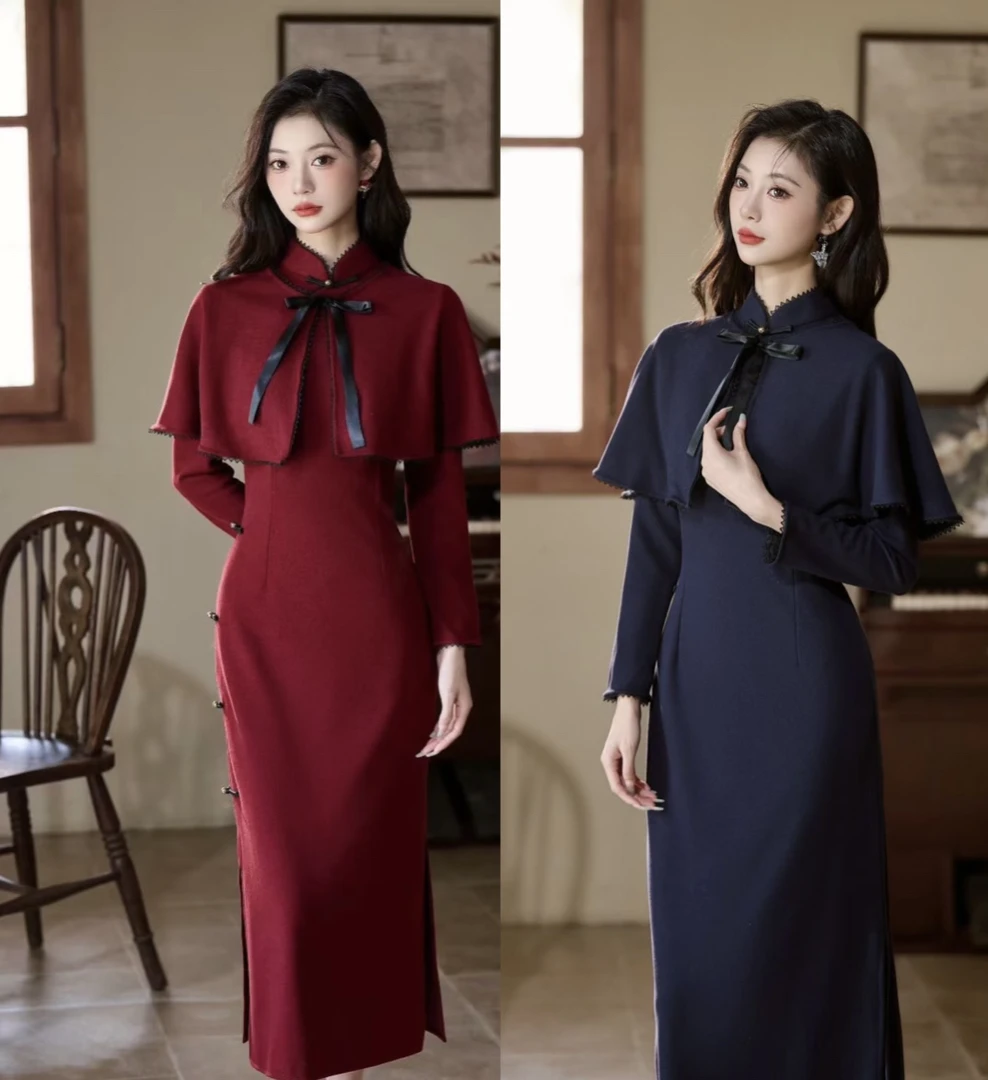 红秋冬新款中国风仿羊绒长款长袖复古旗袍女装改良显瘦修身套装