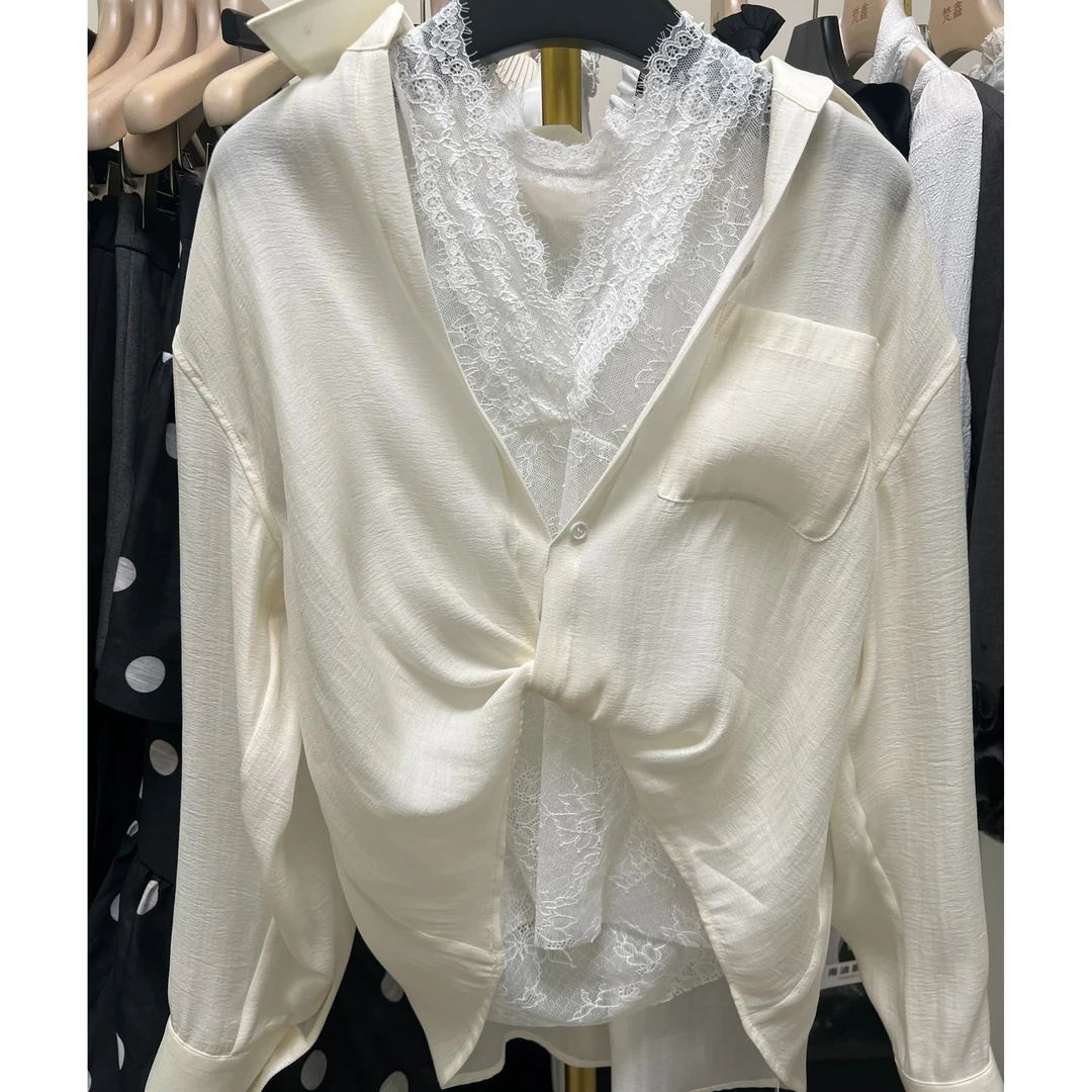 2025年早春新款蕾丝性感高级两件套衬衣长袖衬衫时尚气质白色上衣