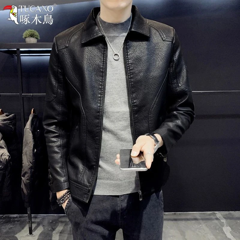 TUCANO/啄木鳥春秋季海宁皮衣男士韩版潮流翻领机车服皮夹克外套