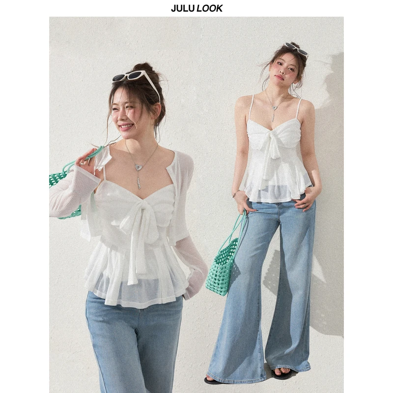 巨鹿工作室“层次波漾”微胖mm少女感纯欲吊带/防晒开衫大码套装