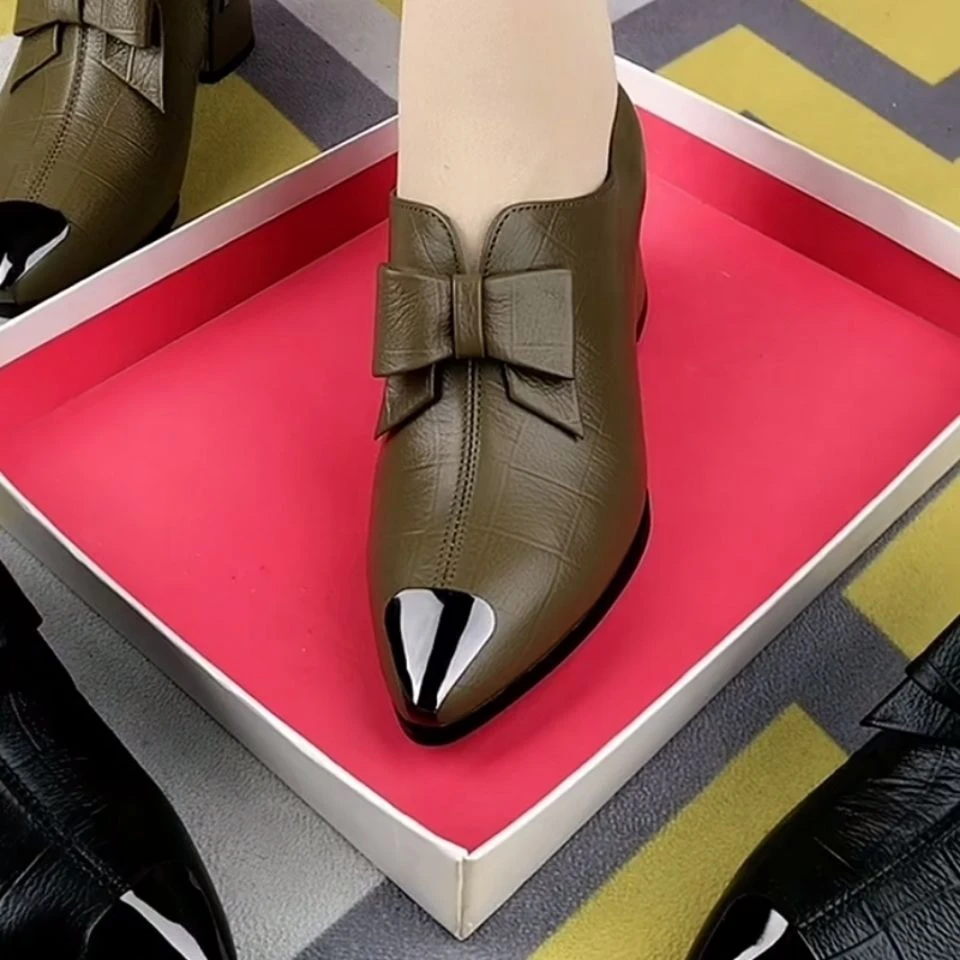 单鞋中跟粗跟深口尖头皮鞋软底春秋浅口平底春季时尚百搭