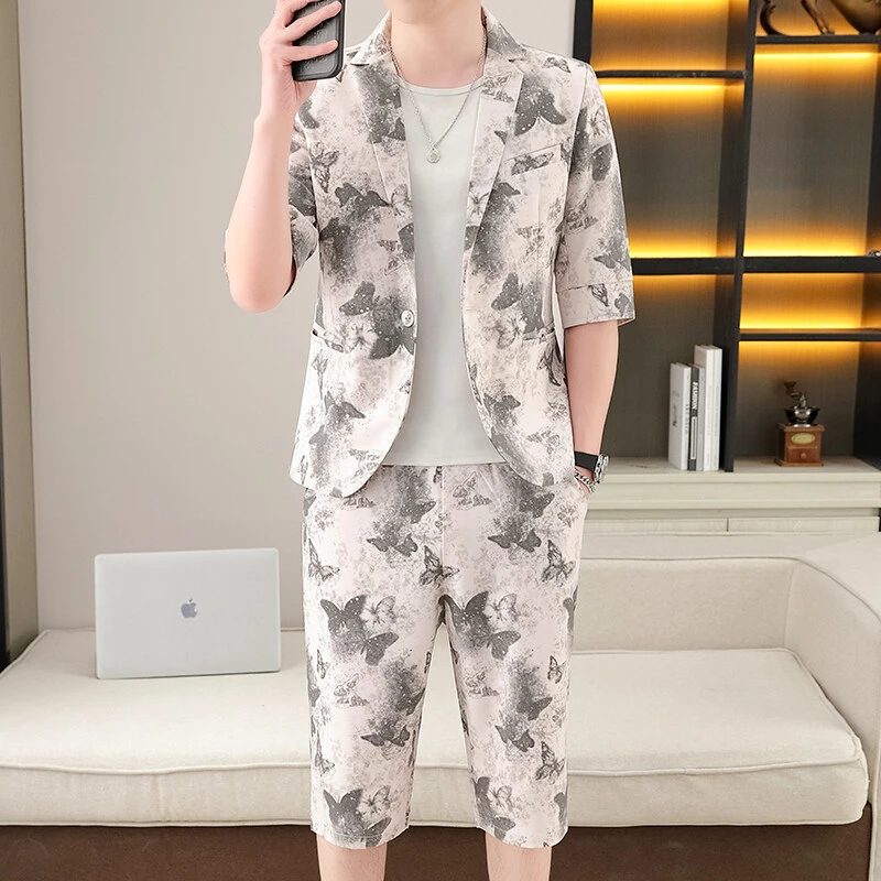 西服套装男士精细工艺高品质七分袖2025夏季薄款中袖两件套西装裤
