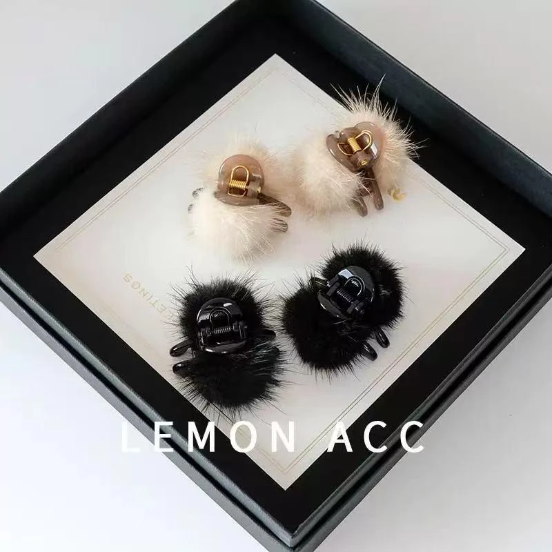 秋冬新款水貂毛发夹少女风公主头毛毛夹子网红毛球简约迷你小抓夹