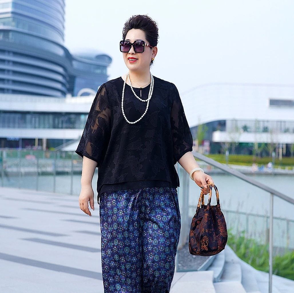 【蝶舞】纱网时尚宽松型中老年女装提花重磅阔腿裤印花气质网红夏季