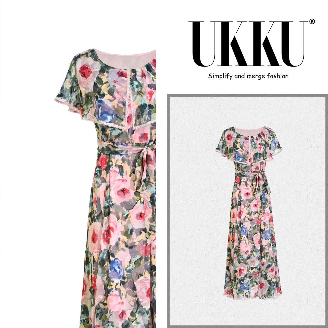牛【UKKU STUDIO】【繁花】轻奢设计师夏季收腰女士碎花连衣裙914338