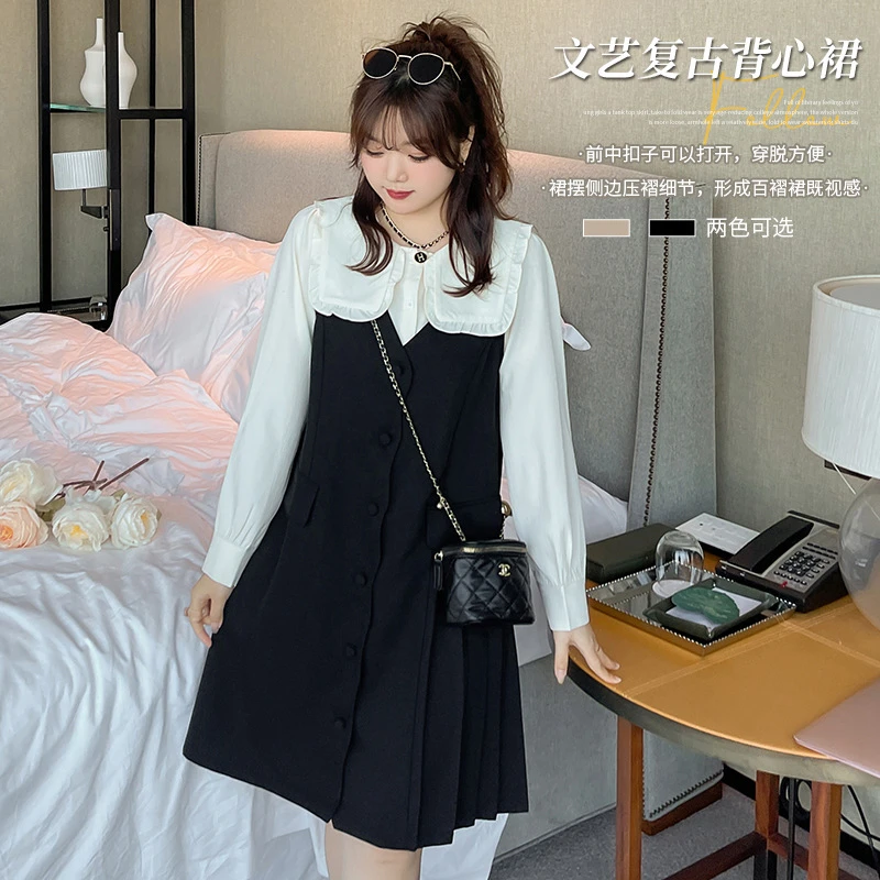 春季新款大码女装200斤胖mm赫本风设计感背心连衣裙410825