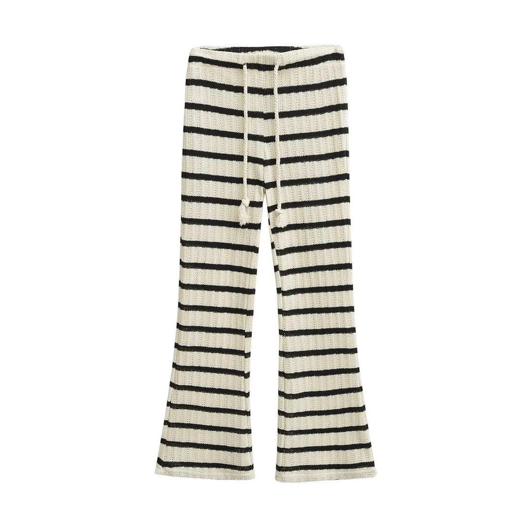 百搭条纹镂空阔腿裤针织运动拖地高腰春夏秋季垂感窄版休闲裤黑白