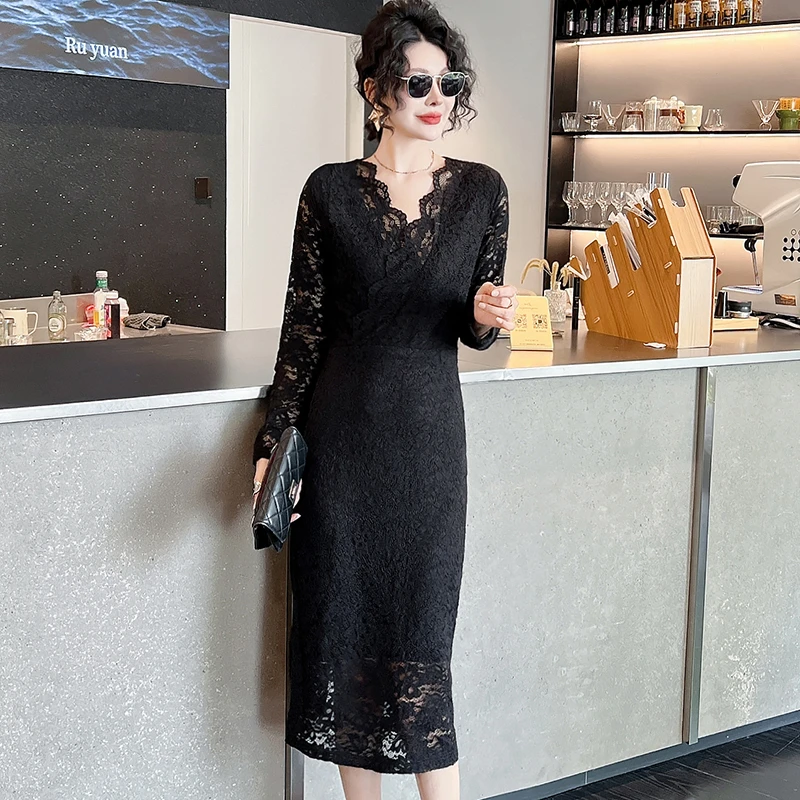 镂空藏肉秋季高弹力斜襟连衣裙秋冬打底气质黑色修身