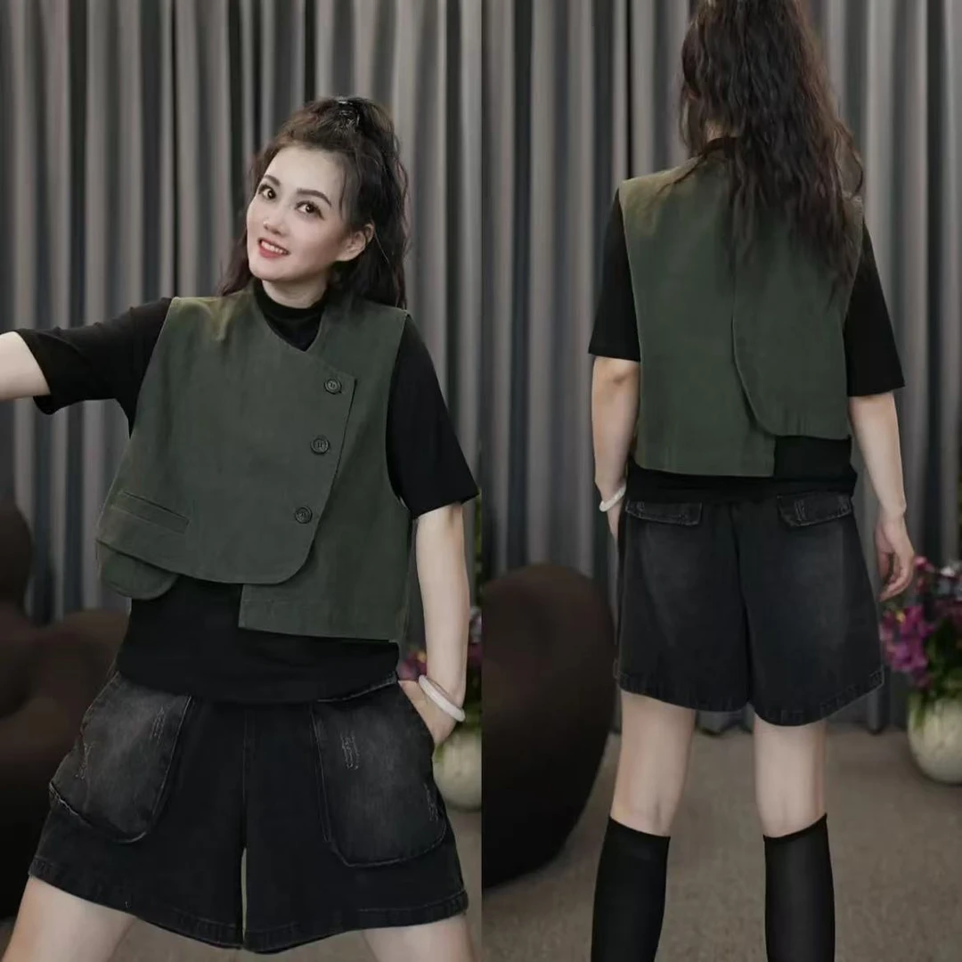 8033#下摆不规则三粒扣休闲百搭斜纹棉水洗马甲