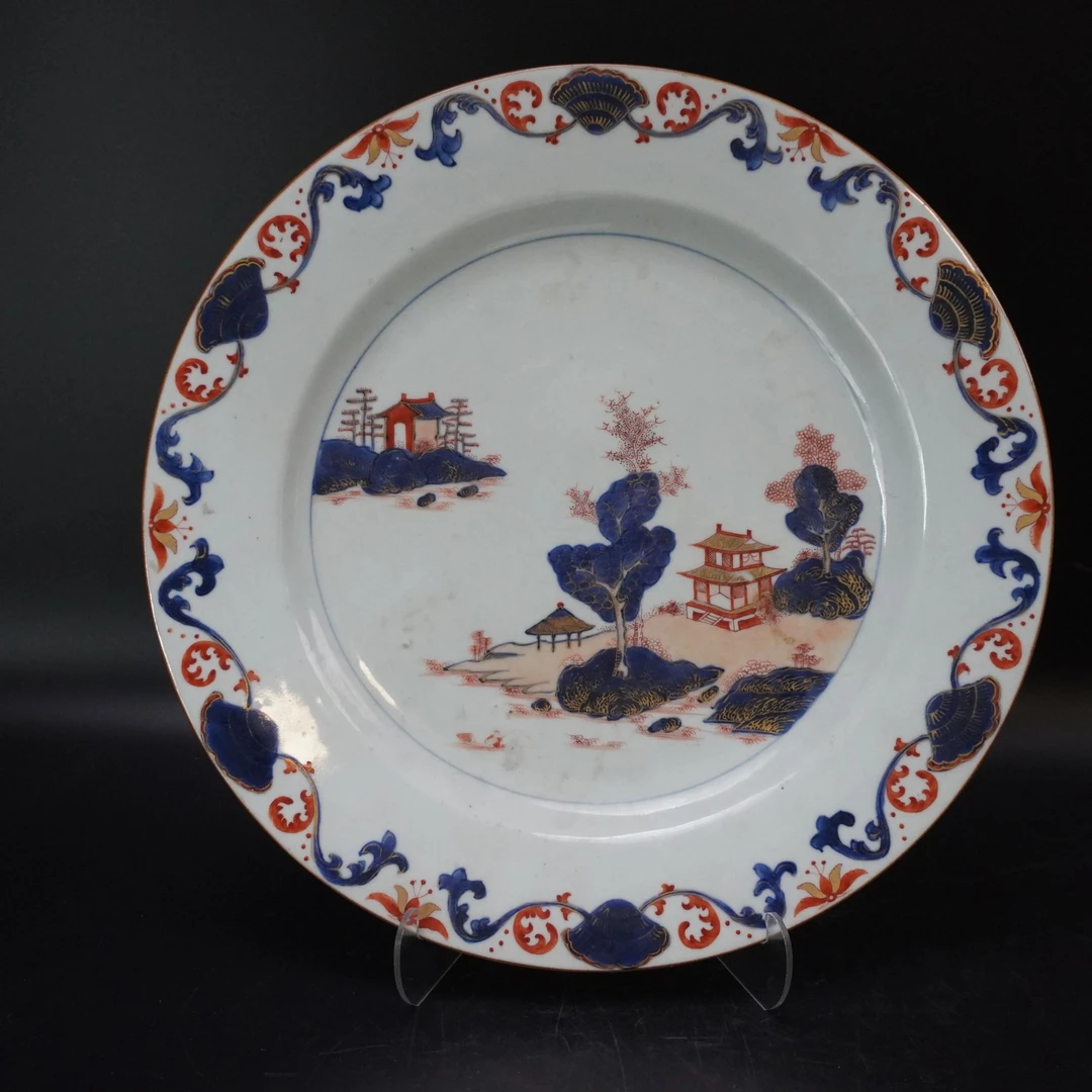 A1388 青花矾红描金山水楼阁赏盘 直径35.5cm
