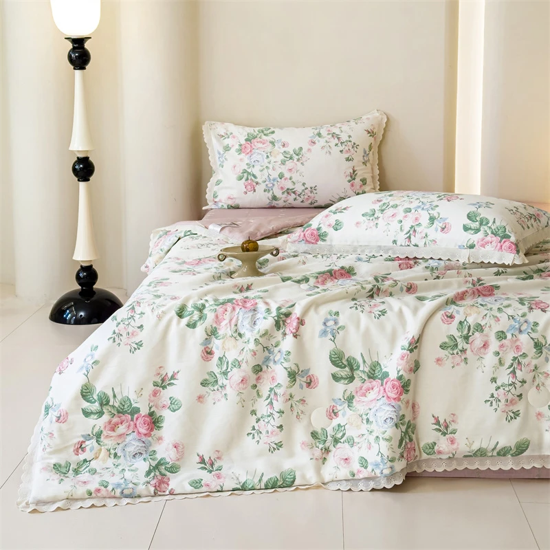 水星高端适用家纺2025春夏新款全棉花边夏被四件套纯棉夏被全棉被