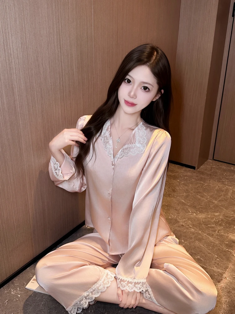 2025新款秋季女款时尚睡衣长袖高级感薄款蕾丝甜美家居服两件套装