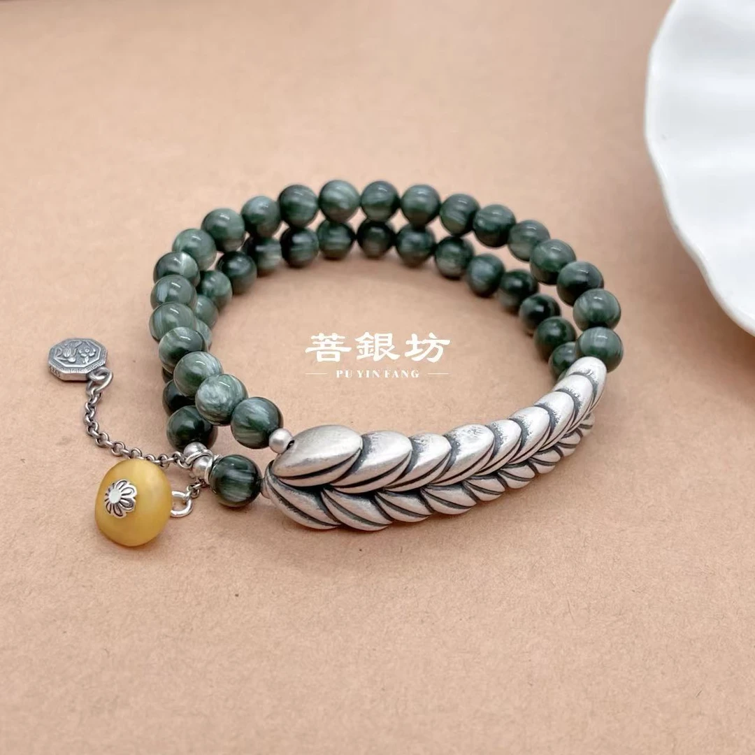 足银手链 【菩银坊】麦穗巨绿珠喜上眉梢双圈手链，珠径6mm