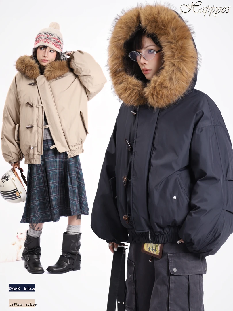 happyes“分头行动”日系羊角扣棉服深冬三防加厚零度必备毛领外套