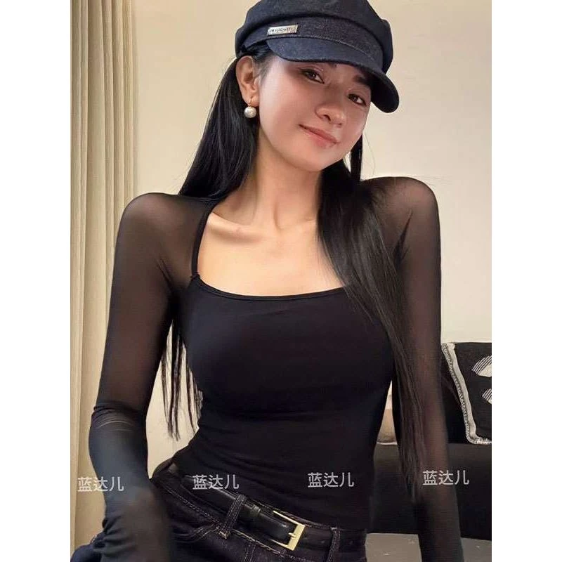 蓝达儿带胸垫秋季新款法式性感纯欲透视性感叠搭网纱辣妹长袖上衣