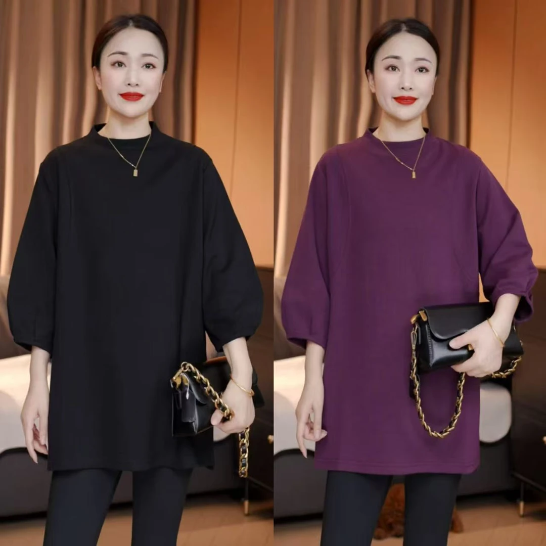 早秋新款 褶皱袖口时尚气质半高领七分袖宽松T恤气质遮肉百搭上衣