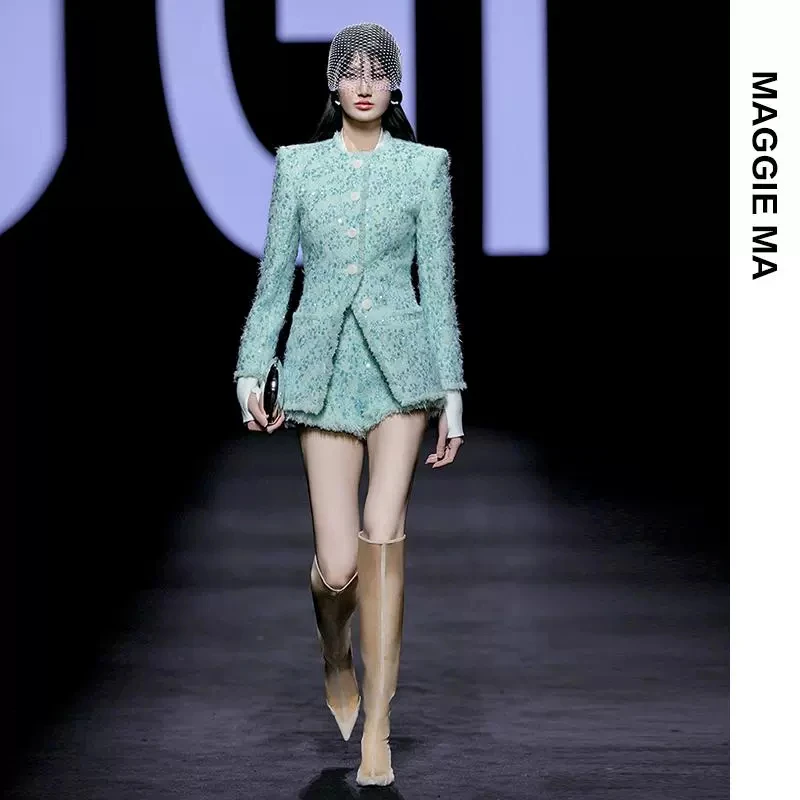 MAGGIEMA财阀千金女装马婧修身蓝又酷又飒女装时尚上衣871C