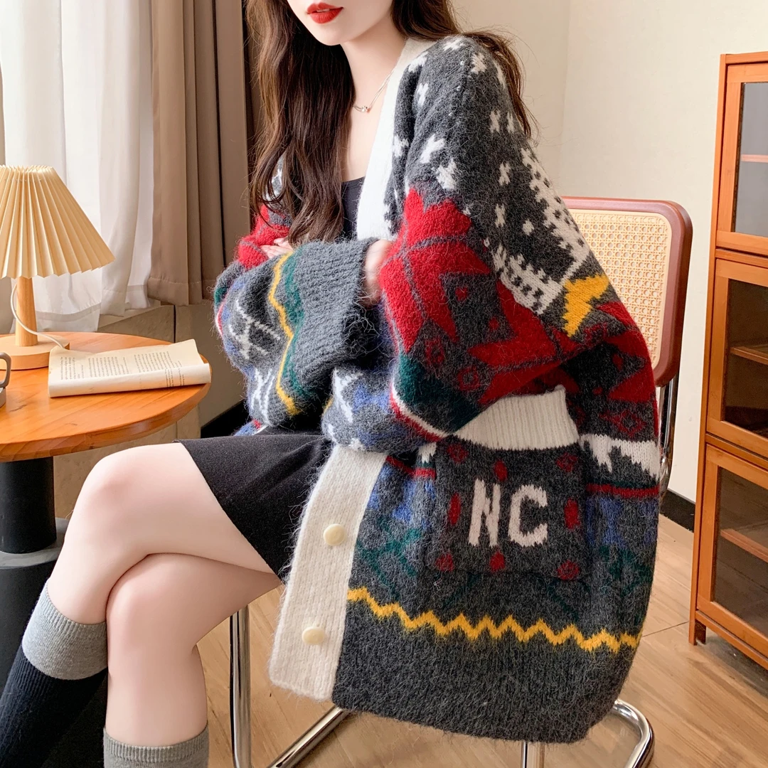 秋冬费尔岛提花巨好看针织毛衣开衫女慵懒风高级感中长款大码外套