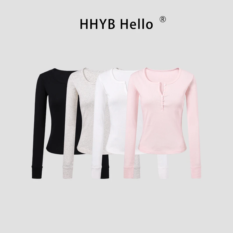 HHYB Hello设计感半门襟圆领打底上衣2025新款长袖T恤女250831