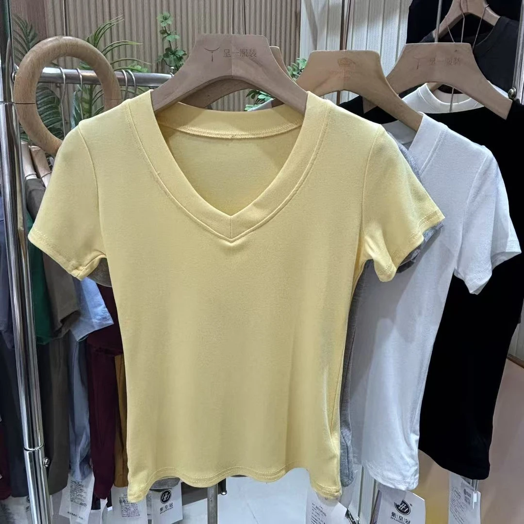 紫皇冠V领纯色净版显瘦简约白色短袖黑色短袖上衣女