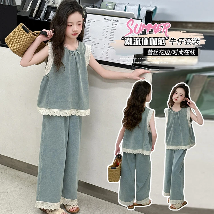 纯色常规套头少女风休闲风女套装夏天家居服中大童蕾丝女童牛仔