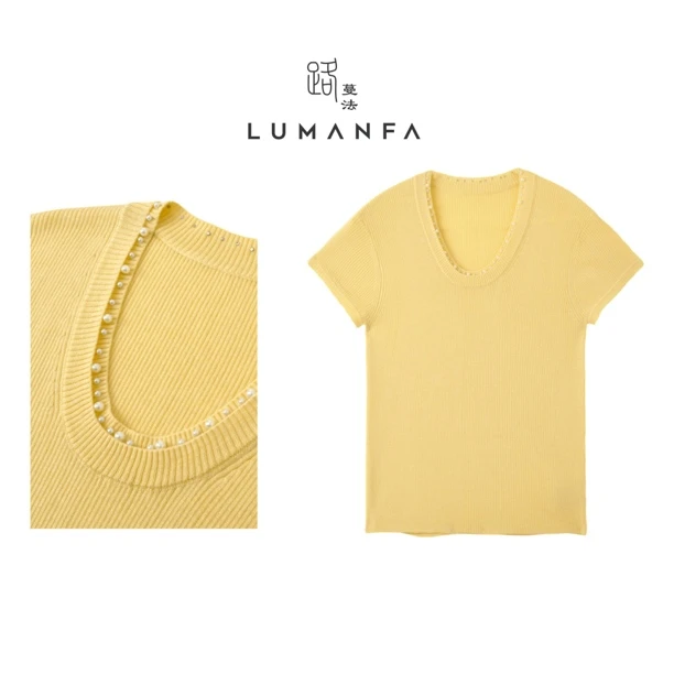 【珍珠衫】路蔓法夏季新款圆领显瘦显腰身气质百搭钉珠上衣MF-1718